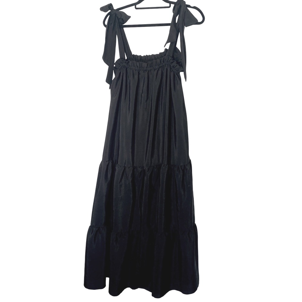 Aura Black Tiered Tie Shoulder Midi Dress Smocked Ruffle Neck Pockets AD2279-RD